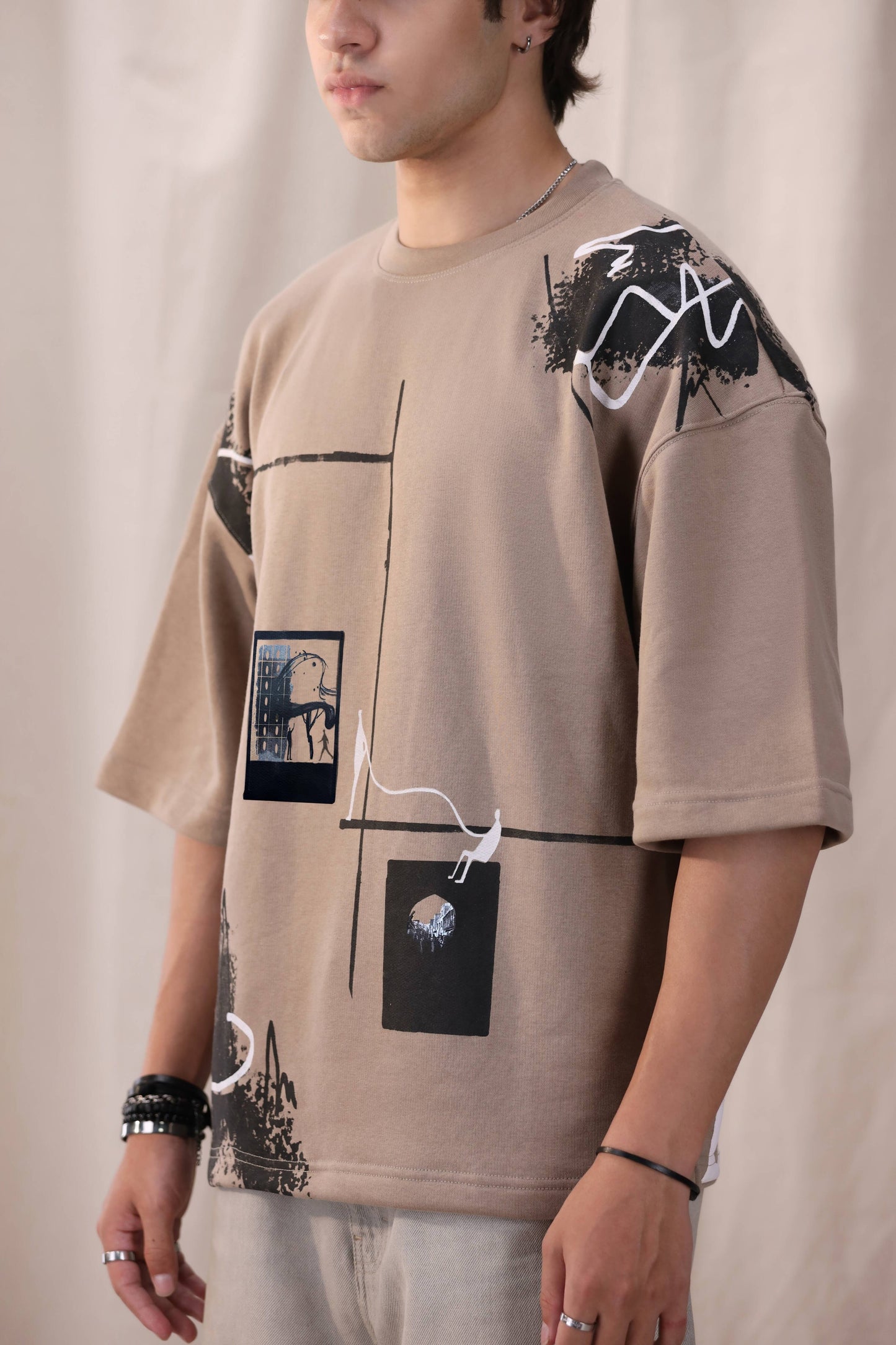 Rukn beige oversized box fit unisex t-shirt by Shatrnj