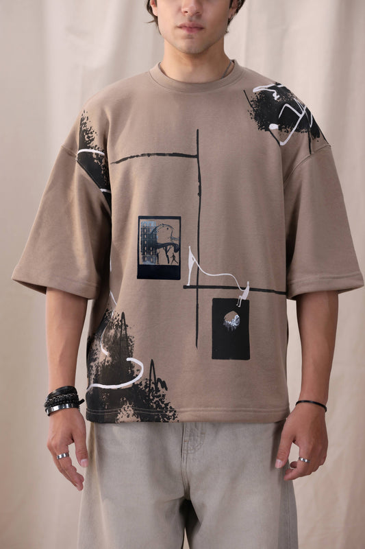 Rukn beige oversized box fit unisex t-shirt by Shatrnj