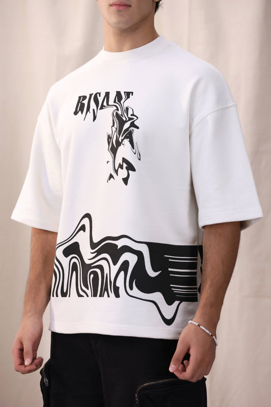Bisaat white oversized drop shoulder unisex t-shirt by Shatrnj